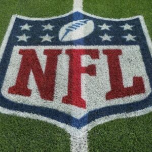 The NFL shield logo on the field at SoFi Stadium.