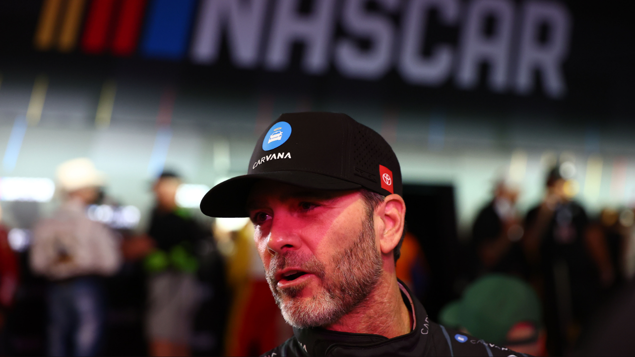Feb 13, 2025; Daytona Beach, Florida, USA; NASCAR Cup Series driver Jimmie Johnson (84) during driver introductions for the Duels at Daytona International Speedway. Mandatory Credit: Peter Casey-Imagn Images