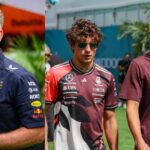 Christian Horner (L), Kimi Antonelli and George Russell (R)