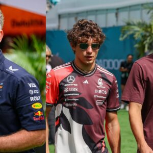 Christian Horner (L), Kimi Antonelli and George Russell (R)