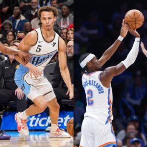 Dyson Daniels and Kevin Durant (L), Dyson Daniels and Shai Gilgeous-Alexander (R)