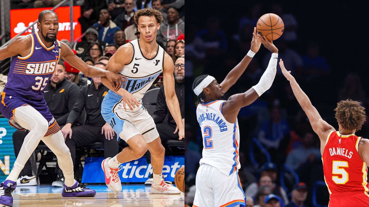 Dyson Daniels and Kevin Durant (L), Dyson Daniels and Shai Gilgeous-Alexander (R)