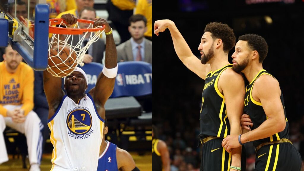 Jermaine O'Neal (Left), Stephen Curry and Klay Thompson (Right). Mandatory Credits: Imagn Images