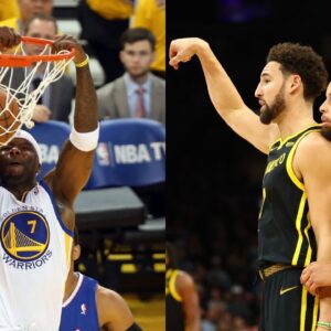 Jermaine O'Neal (Left), Stephen Curry and Klay Thompson (Right). Mandatory Credits: Imagn Images