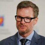 NASCAR legend Dale Earnhardt Jr. talks to media following the Memorial Tournament Legends Luncheon at the Ohio Union. Earnhardt emceed the event.