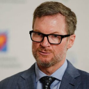 NASCAR legend Dale Earnhardt Jr. talks to media following the Memorial Tournament Legends Luncheon at the Ohio Union. Earnhardt emceed the event.