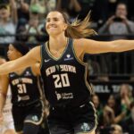New York Liberty Sabrina Ionescu celebrates a 3-point shot against the Toyota Antelopes during the second half at Matthew Knight Arena May 12, 2025 in Eugene.