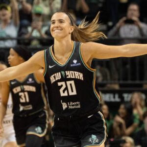 New York Liberty Sabrina Ionescu celebrates a 3-point shot against the Toyota Antelopes during the second half at Matthew Knight Arena May 12, 2025 in Eugene.