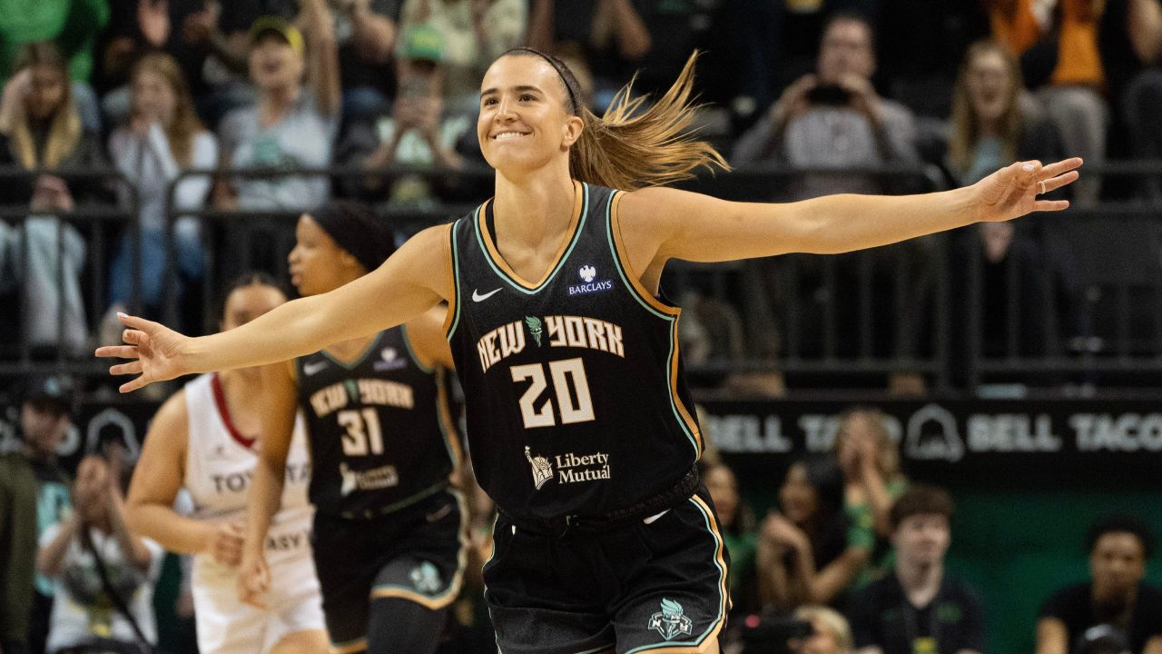 New York Liberty Sabrina Ionescu celebrates a 3-point shot against the Toyota Antelopes during the second half at Matthew Knight Arena May 12, 2025 in Eugene.