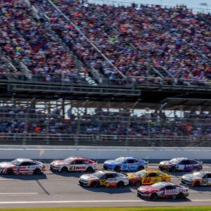 NASCAR Cup Series driver Ross Chastain (1) leads going into turn one at Talladega Superspeedway.