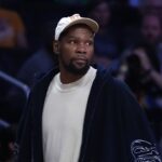 Kevin Durant attends a WNBA game between the Atlanta Dream and LA Sparks at Crypto.com Arena.