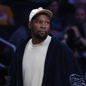 Kevin Durant attends a WNBA game between the Atlanta Dream and LA Sparks at Crypto.com Arena.