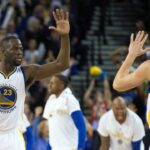 Mar 3, 2016; Oakland, CA, USA; Golden State Warriors forward Draymond Green (23) high fives guard Klay Thompson (11) after a play against the Oklahoma City Thunder during the fourth quarter at Oracle Arena. The Golden State Warriors defeated the Oklahoma City Thunder 121-106. Mandatory Credit: Kelley L Cox-Imagn Images