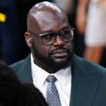 Jun 6, 2024; Boston, Massachusetts, USA; Shaquille O'Neal looks on before the game between the Boston Celtics and the Dallas Mavericks in game one of the 2024 NBA Finals at TD Garden.