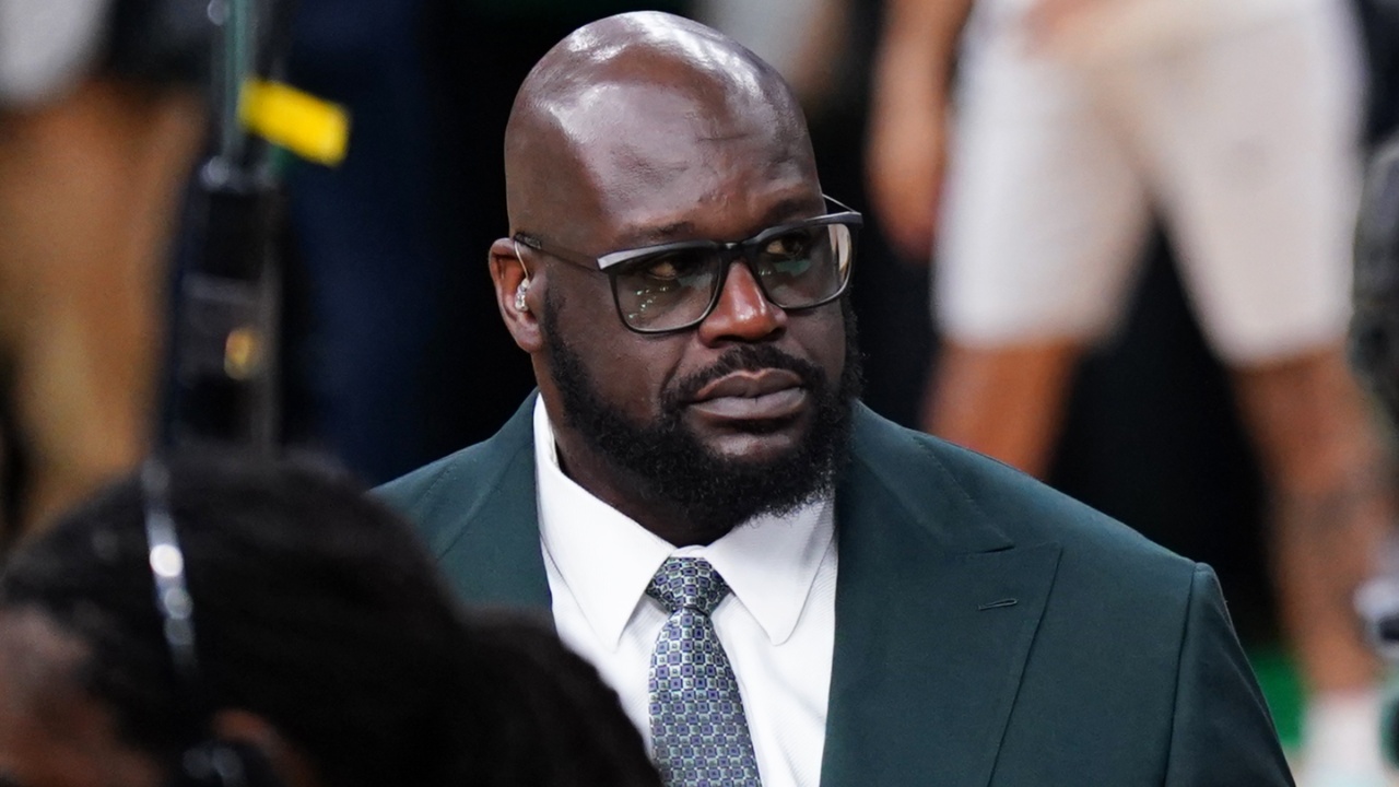Jun 6, 2024; Boston, Massachusetts, USA; Shaquille O'Neal looks on before the game between the Boston Celtics and the Dallas Mavericks in game one of the 2024 NBA Finals at TD Garden.