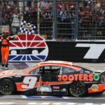 NASCAR Cup Series driver Chase Elliott (9) celebrates after winning the NASCAR Cup Series AutoTrader EchoPark 400 at Texas Motor Speedway.