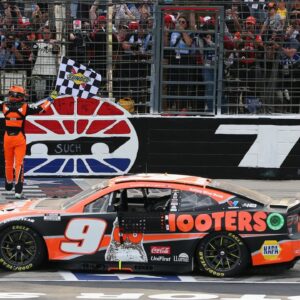 NASCAR Cup Series driver Chase Elliott (9) celebrates after winning the NASCAR Cup Series AutoTrader EchoPark 400 at Texas Motor Speedway.