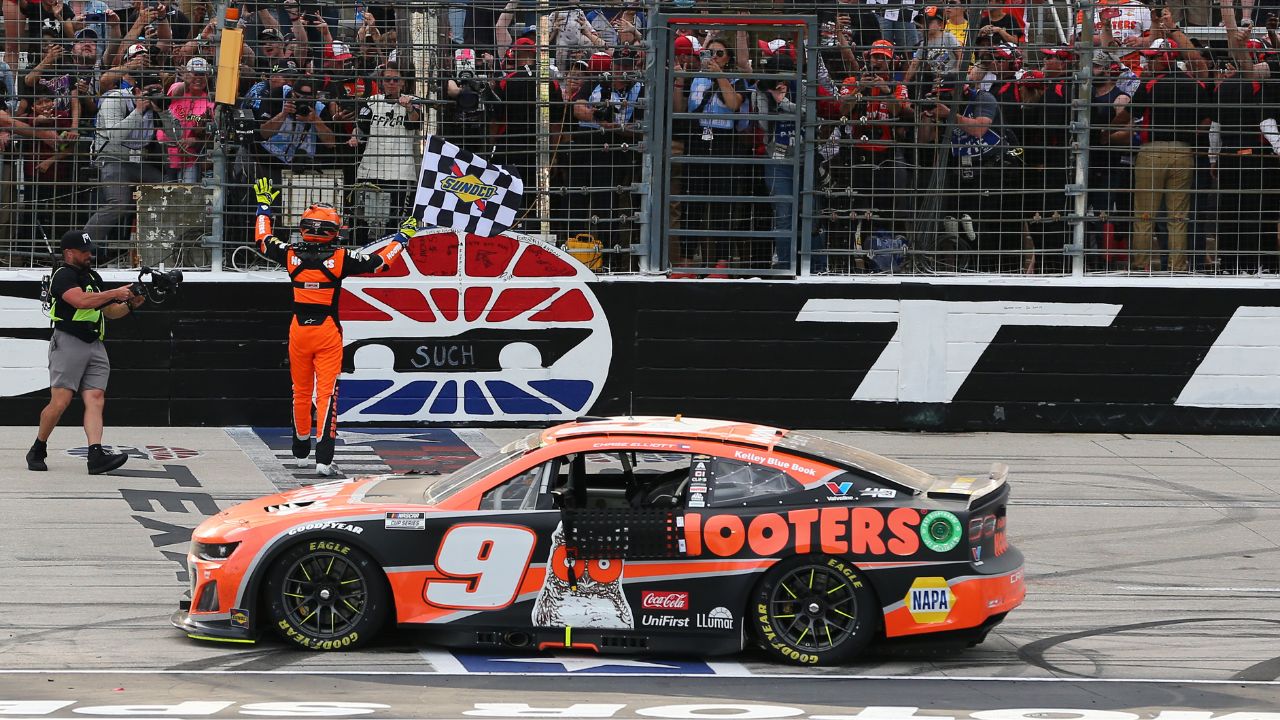 NASCAR Cup Series driver Chase Elliott (9) celebrates after winning the NASCAR Cup Series AutoTrader EchoPark 400 at Texas Motor Speedway.