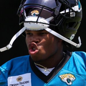 Jacksonville Jaguars wide receiver Travis Hunter (12) runs during the first organized team activity at Miller Electric Center Monday, May 19, 2025 in Jacksonville, Fla.