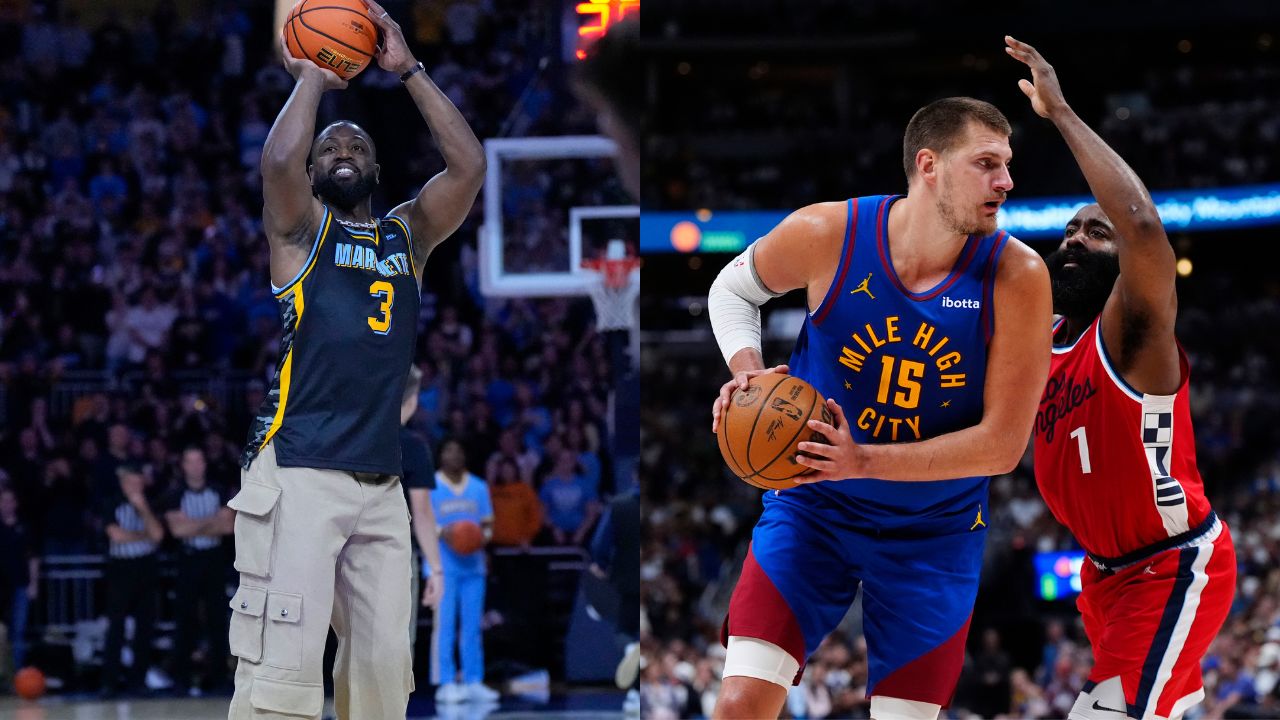 Dwyane Wade (L), Nikola Jokic and James Harden (R)
