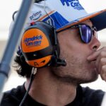 Arrow McLaren driver Kyle Larson (17) watches as Tony Kanaan turns his refresher laps Thursday, May 15, 2025, during a practice for the 109th running of the Indianapolis 500 at Indianapolis Motor Speedway.