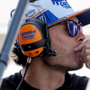 Arrow McLaren driver Kyle Larson (17) watches as Tony Kanaan turns his refresher laps Thursday, May 15, 2025, during a practice for the 109th running of the Indianapolis 500 at Indianapolis Motor Speedway.