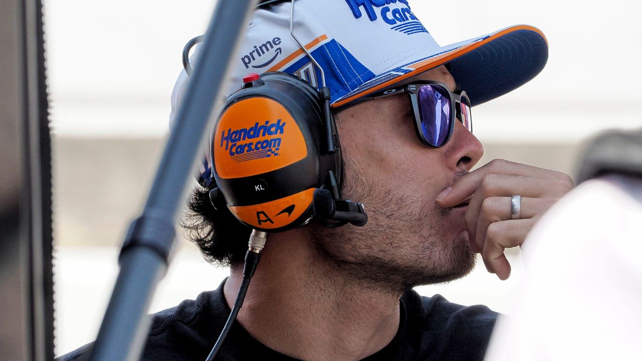 Arrow McLaren driver Kyle Larson (17) watches as Tony Kanaan turns his refresher laps Thursday, May 15, 2025, during a practice for the 109th running of the Indianapolis 500 at Indianapolis Motor Speedway.