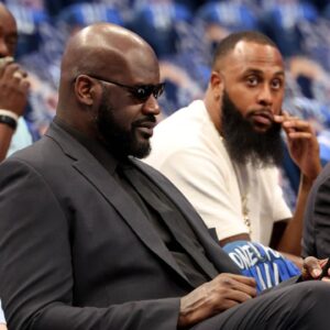 Shaquille O'Neal before the game between the Dallas Mavericks and the Minnesota Timberwolves in game three of the western conference finals for the 2024 NBA playoffs at American Airlines Center.