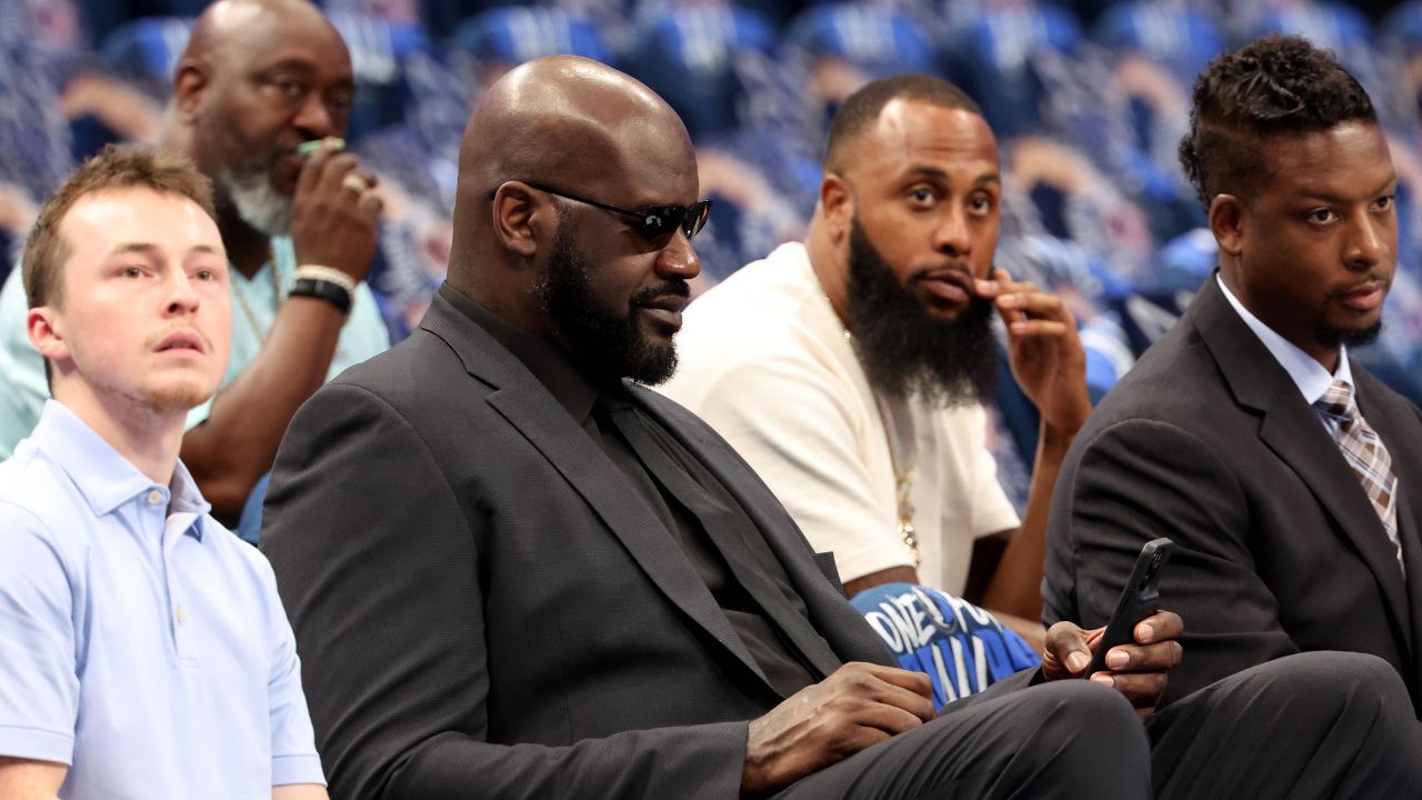 Shaquille O'Neal before the game between the Dallas Mavericks and the Minnesota Timberwolves in game three of the western conference finals for the 2024 NBA playoffs at American Airlines Center.