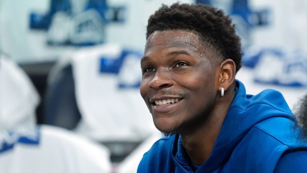 May 6, 2025; Minneapolis, Minnesota, USA; Minnesota Timberwolves guard Anthony Edwards (5) prepares to play the Golden State Warriors before game one of the second round for the 2025 NBA Playoffs at Target Center. Mandatory Credit: Bruce Kluckhohn-Imagn Images