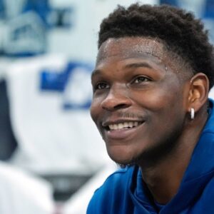 May 6, 2025; Minneapolis, Minnesota, USA; Minnesota Timberwolves guard Anthony Edwards (5) prepares to play the Golden State Warriors before game one of the second round for the 2025 NBA Playoffs at Target Center. Mandatory Credit: Bruce Kluckhohn-Imagn Images