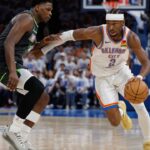 Shai Gilgeous-Alexander and Anthony Edwards, Thunder v Wolves Game 1