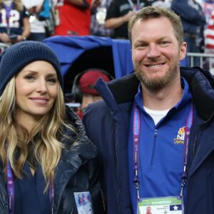 NASCAR retired driver Dale Earnhardt, Jr. and wife Amy Reimann in attendance before Super Bowl LII between the Philadelphia Eagles and the New England Patriots at U.S. Bank Stadium.