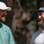 Travis Kelce and brother Jason Kelce talk on the 4th tee during the first round of the American Century Celebrity Championship golf tournament at Edgewood Tahoe Golf Course in Stateline, Nev., Friday, July 12, 2024.