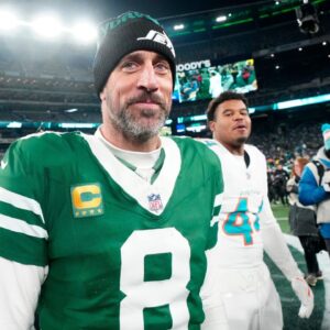 New York Jets quarterback Aaron Rodgers (8) is shown after he led Gang Green to a 32-20 victory against the Miami Dolphins, on Jan. 5, 2025, in East Rutherford, N.J.