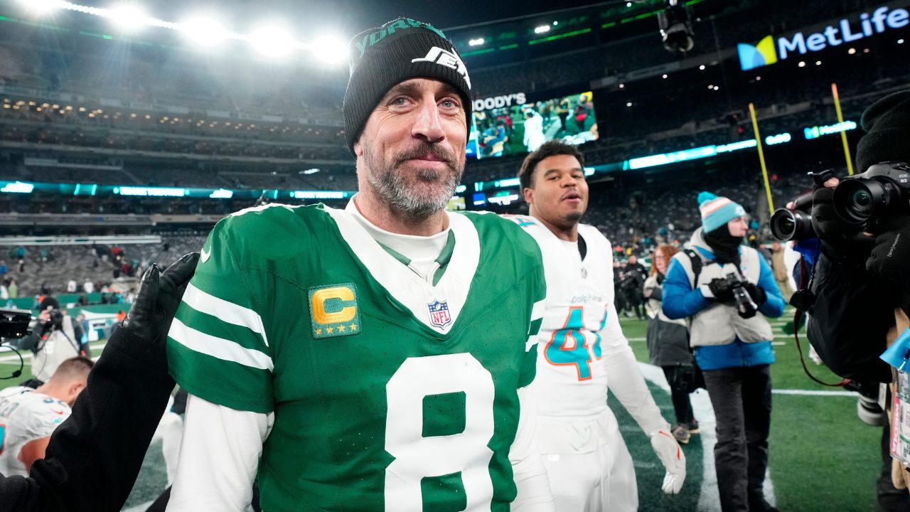 New York Jets quarterback Aaron Rodgers (8) is shown after he led Gang Green to a 32-20 victory against the Miami Dolphins, on Jan. 5, 2025, in East Rutherford, N.J.