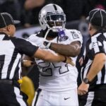 Oakland Raiders running back Marshawn Lynch (24) in an altercation with the referees during the second quarter against the Kansas City Chiefs at Oakland Coliseum.