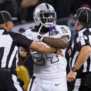 Oakland Raiders running back Marshawn Lynch (24) in an altercation with the referees during the second quarter against the Kansas City Chiefs at Oakland Coliseum.