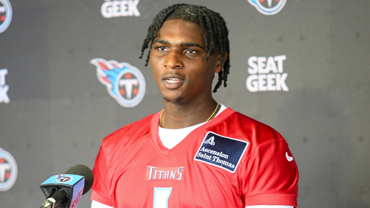 May 10, 2025; Nashville, TN, USA; Tennessee Titans quarterback Cam Ward (1) talks with reporters after his first day of rookie mini camp at Saint Thomas Sports Park.