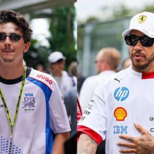 Timothee Chalamet at Miami GP (L) and Lewis Hamilton (R)