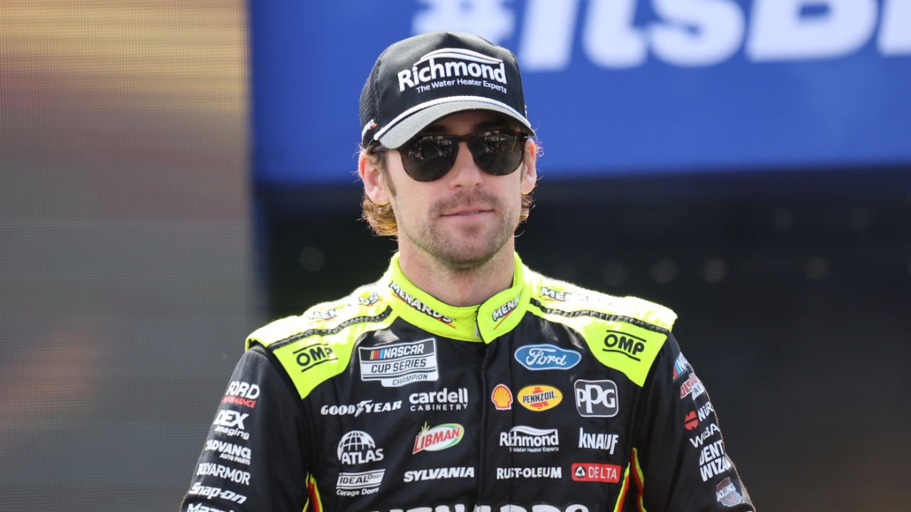 Apr 13, 2025; Bristol, Tennessee, USA; NASCAR Cup Series driver Ryan Blaney (12) during driver introductions for the NASCAR Food City 500 at Bristol Motor Speedway. Mandatory Credit: Randy Sartin-Imagn Images