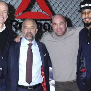 Matt O Toole, Lorenzo Fertitta, Dana White und Swizz Beats bei der Bekanntgabe einer langfristigen Patnerschaft zwischen Reebok und dem UFC in den Industria Studios.