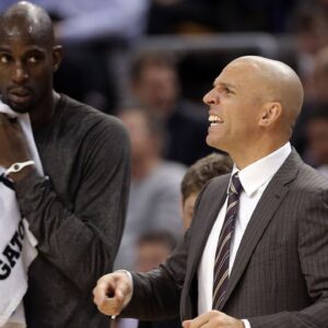 Brooklyn Nets head coach Jason Kidd reacts as forward Kevin Garnett (2) looks on against the Toronto Raptors at Air Canada Centre. The Nets beat the Raptors 102-100.