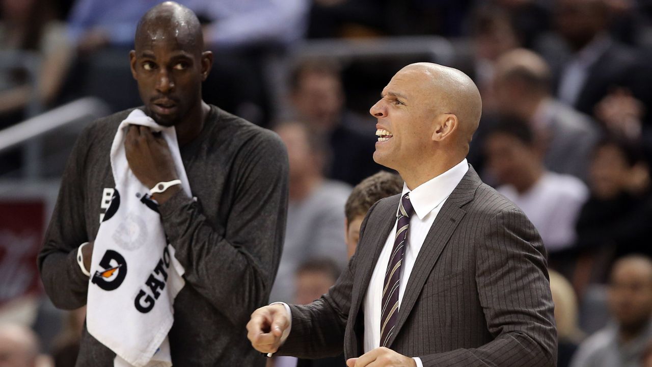 Brooklyn Nets head coach Jason Kidd reacts as forward Kevin Garnett (2) looks on against the Toronto Raptors at Air Canada Centre. The Nets beat the Raptors 102-100.