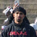Eagles quarterback Jalen Hurts speaks during the Philadelphia Eagles Super Bowl celebration in front of the Philadelphia Museum of Art, Friday, Feb. 14, 2025.