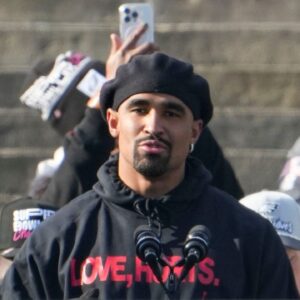 Eagles quarterback Jalen Hurts speaks during the Philadelphia Eagles Super Bowl celebration in front of the Philadelphia Museum of Art, Friday, Feb. 14, 2025.