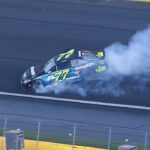 Monster Energy NASCAR Cup Series driver Erik Jones (77) keeps his car under control in turn 1 during the Monster Energy Open at Charlotte Motor Speedway.