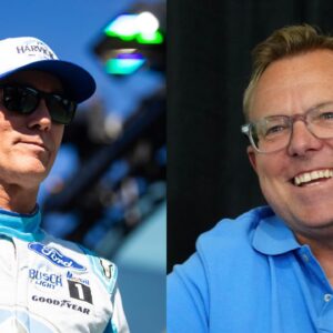 Former NASCAR driver Kevin Harvick and commentator Leigh Diffey