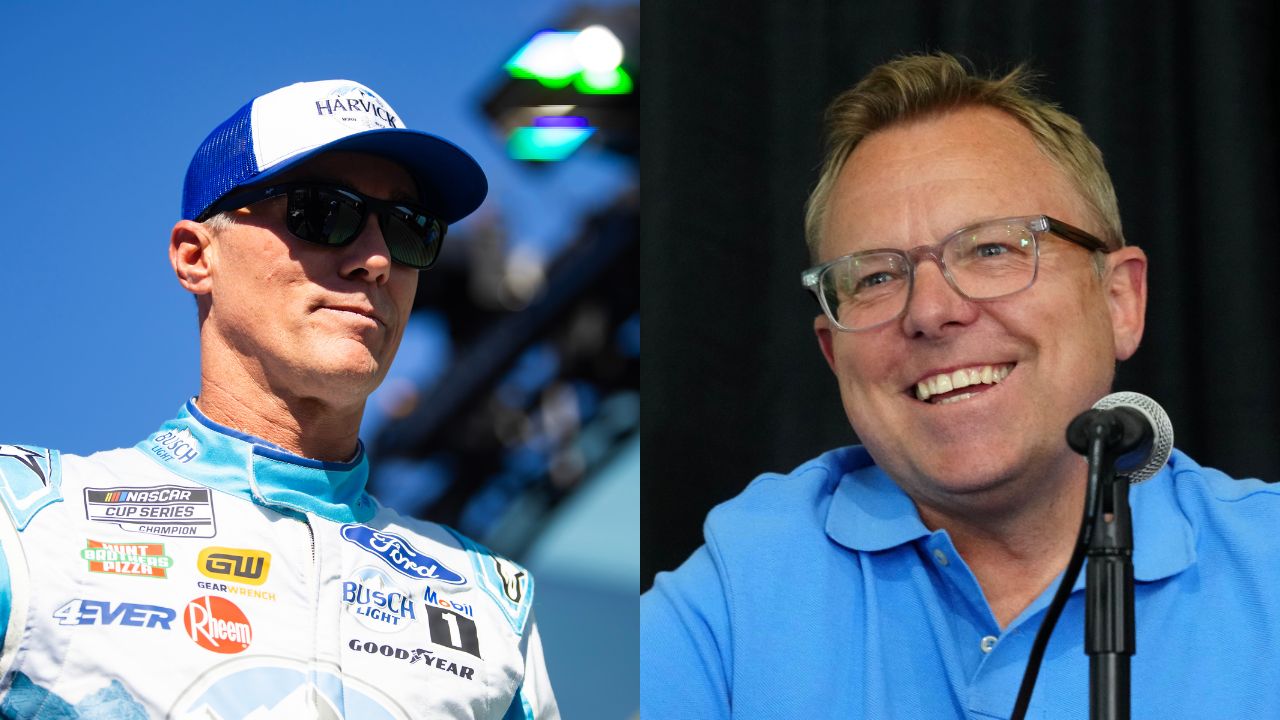 Former NASCAR driver Kevin Harvick and commentator Leigh Diffey