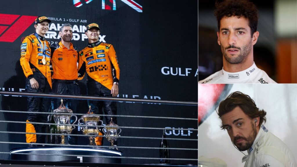 Oscar Piastri and Lando Norris(L), Daniel Ricciardo(Top R), Fernando Alonso (Bottom R)
